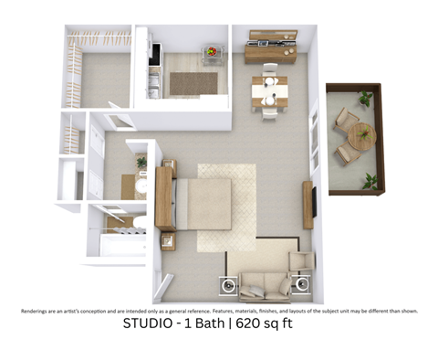Floor plan for studio, 1 bath, 614 sqft